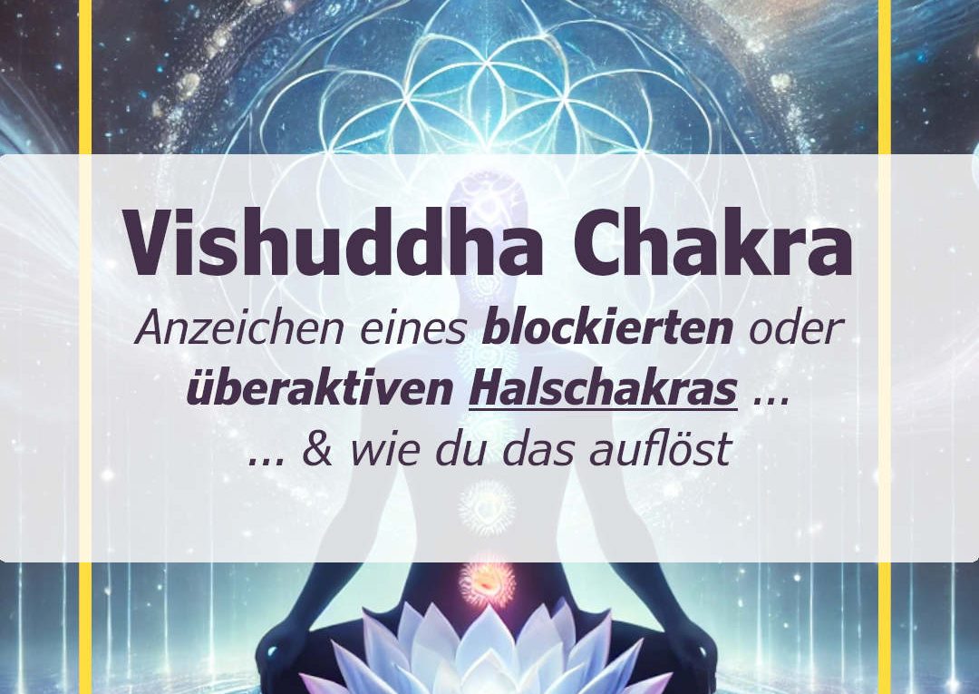 Vishuddha Chakra - Halschakra: Meditierender Yogi mit leuchtenden Chakren vor einer Blume des Lebens sitzt in Meditation