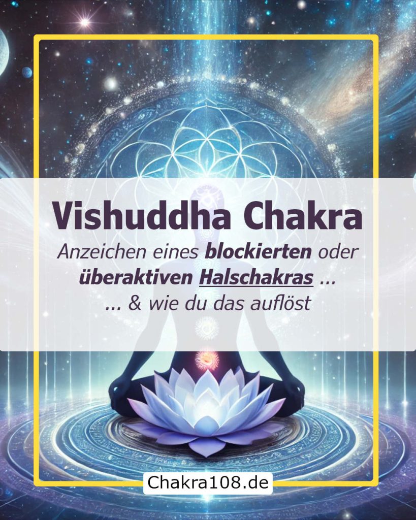 Vishuddha Chakra - Halschakra: Meditierender Yogi mit leuchtenden Chakren vor einer Blume des Lebens sitzt in Meditation