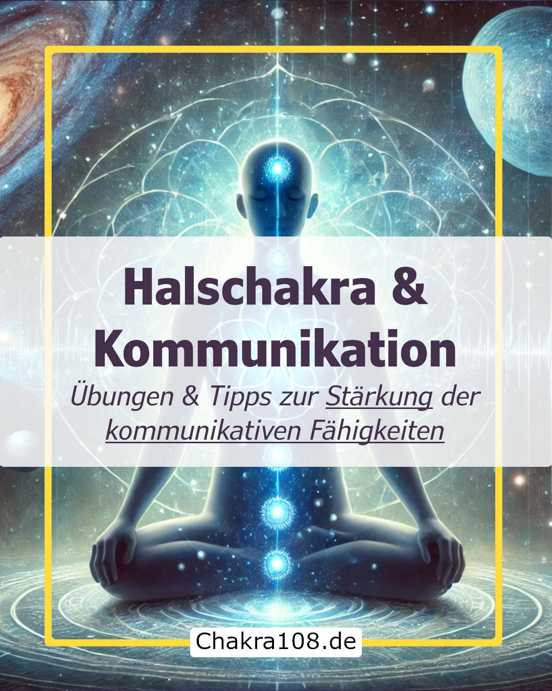 Vishuddha-Chakra und Kommunikation: Man mit leuchtenden Chakren meditiert auf sein Vishuddha-Chakra, das besonders strahlt. Hintergrund: Weltall.