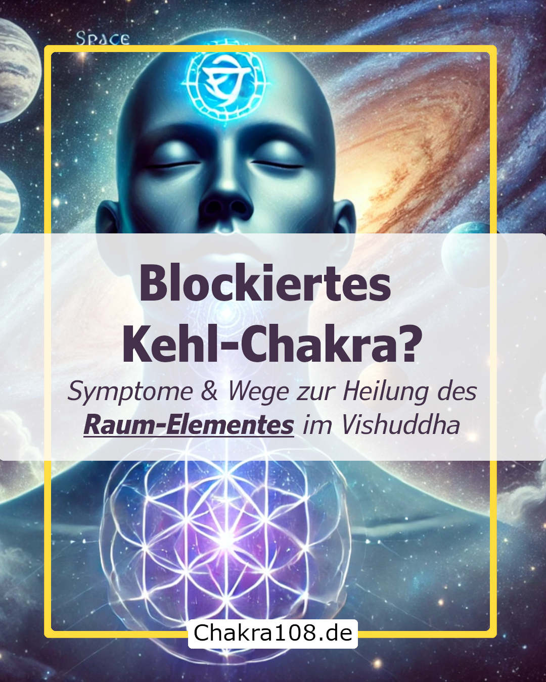 Kehlchakra blockiert? Person mit leuchtendem Vishuddha-Chakra vor Weltraum-Hintergrund