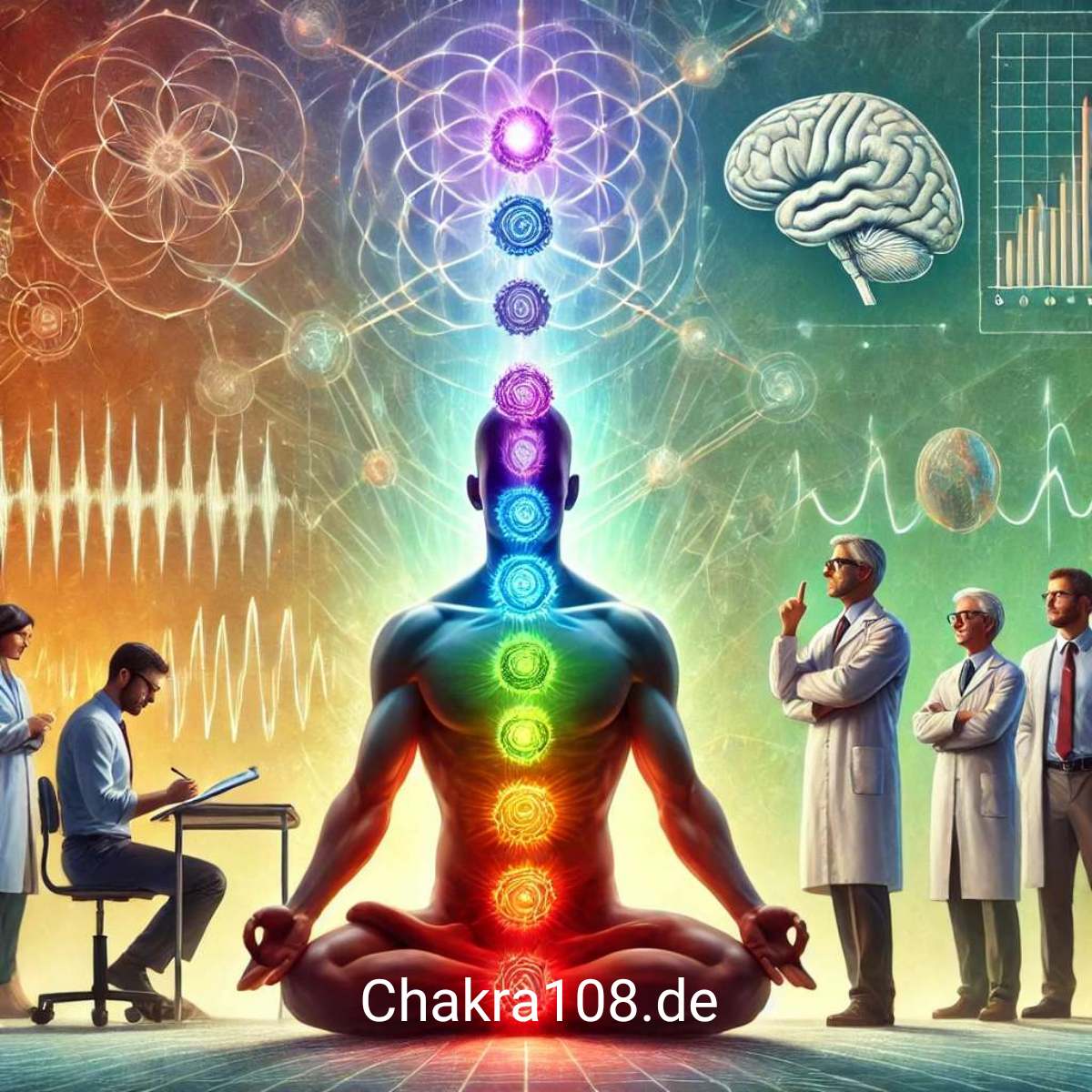 Chakra-Yogi mit leuchtenden Chakren wird von Wissenschaftlern untersucht.